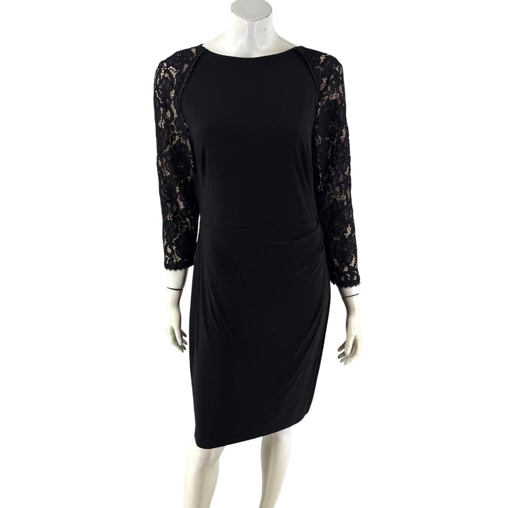 LRL Ralph Lauren Womens Sheath Dress Size 12 Black Lace Over Nude Sleeve Ruched